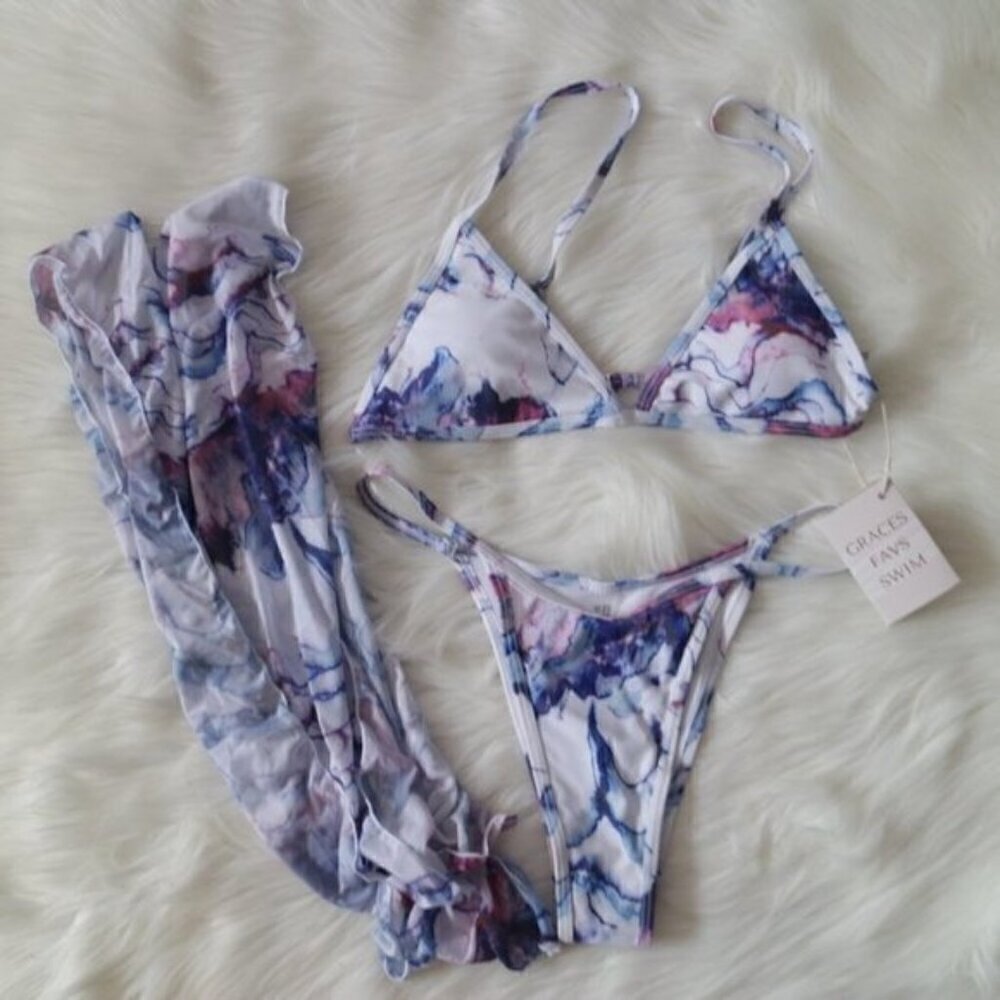 NEW Blue White Purple 3 Piece Marble Watercolor Sexy Bikini Set Size Large - Picture 2 of 7